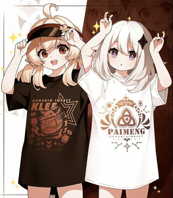 +++ 2girls ahoge arms_up artist_request bangs bare_legs blonde_hair brown_eyes brown_shirt clothes_writing genshin_impact hair_between_eyes hair_ornament hat klee_(genshin_impact) low_twintails medium_hair multiple_girls open_mouth paimon_(genshin_impact) pointy_ears shirt short_sleeves source_request star_(symbol) star_hair_ornament t-shirt twintails v violet_eyes white_hair white_shirt