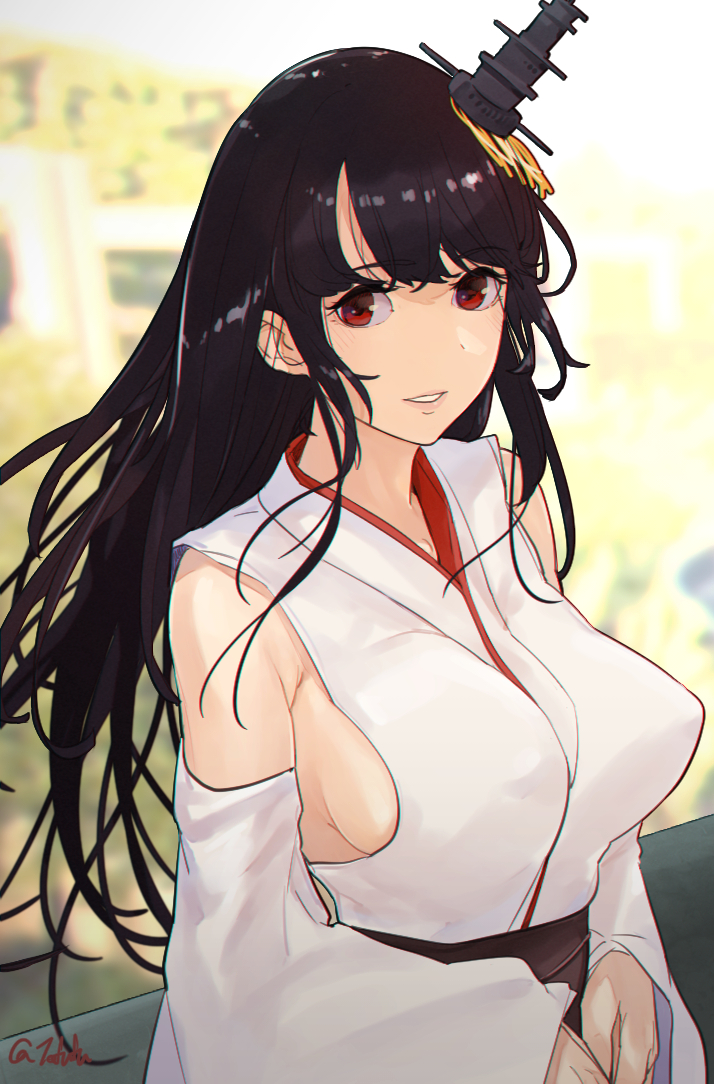 black_hair day detached_sleeves floral_print fusou_(kancolle) fuwafuwatoufu hair_ornament headgear japanese_clothes kantai_collection kimono lips long_hair looking_at_viewer nontraditional_miko obi outdoors red_eyes redhead sash smile white_kimono