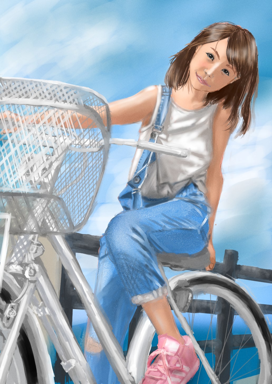 1girl bicycle black_eyes brown_hair clear_sky derivative_work fence ground_vehicle happy head_tilt highres looking_at_viewer original outdoors overalls riding riding_bicycle shakugamodoki shoes sky sleeveless smile sneakers tank_top