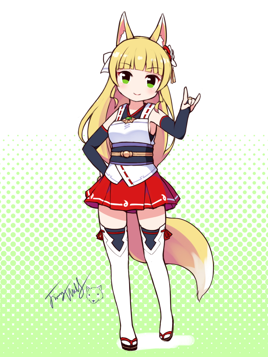 1girl animal_ear_fluff animal_ears bare_shoulders black_footwear blonde_hair bridal_gauntlets closed_mouth fox_ears fox_girl fox_shadow_puppet fox_tail full_body green_eyes halftone halftone_background hand_up heanna_sumire highres kemonomimi_mode langbazi looking_at_viewer love_live! love_live!_superstar!! pleated_skirt red_skirt signature skirt smile solo standing tail thigh-highs white_thighhighs zouri