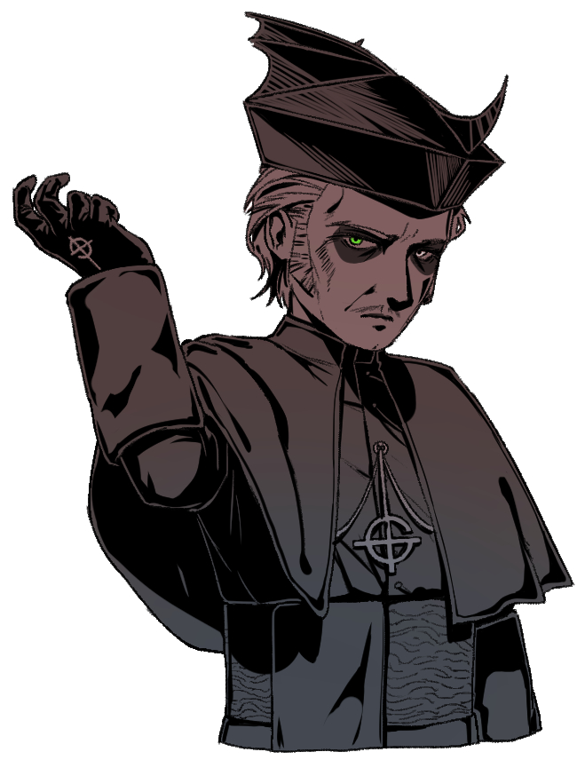 1boy cardinal closed_mouth cropped_legs erumil facial_hair ghost_(band) gloves green_eyes hair_slicked_back hand_up hat heterochromia jewelry logo makeup male_focus mustache papa_emeritus_iv robe short_hair sideburns solo spot_color standing upper_body white_eyes
