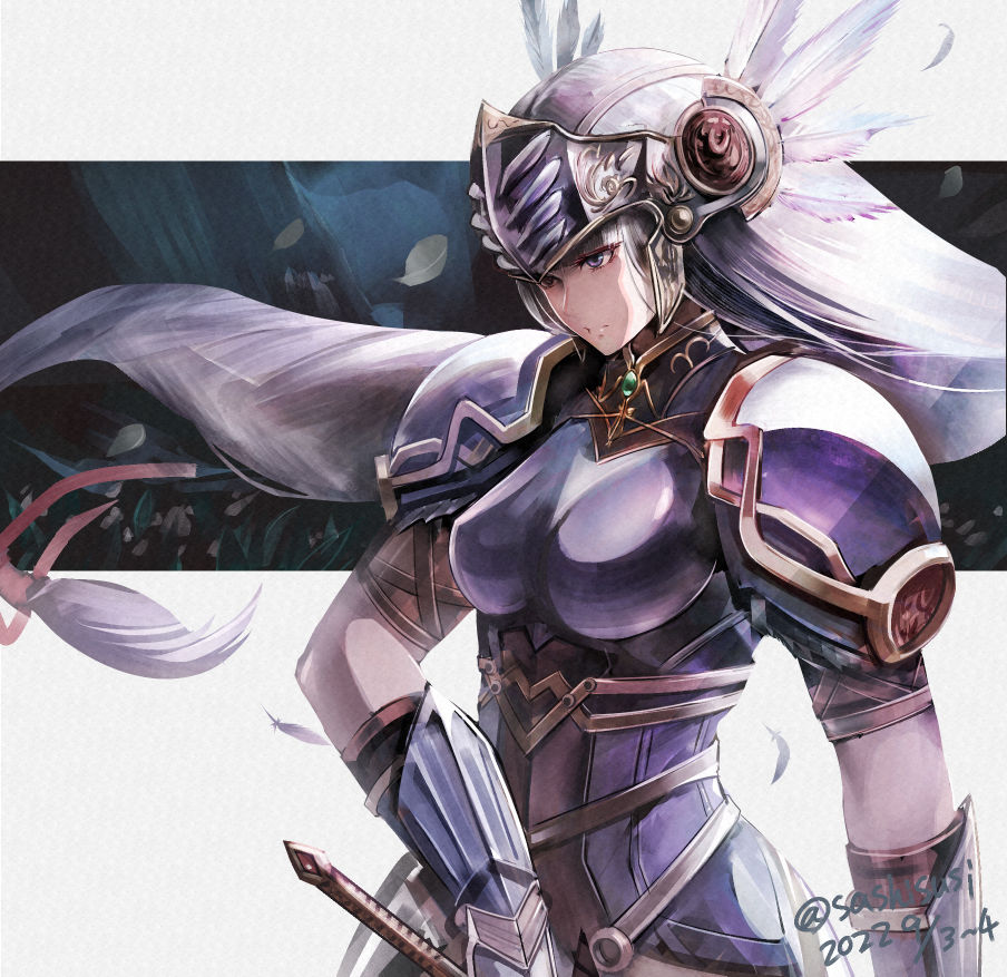 1girl armor armored_dress blue_armor blue_eyes braid closed_mouth dated feathers grey_hair helmet lenneth_valkyrie long_hair low-braided_long_hair shoulder_armor solo sushi_(sashimise) sword valkyrie valkyrie_profile very_long_hair weapon winged_helmet