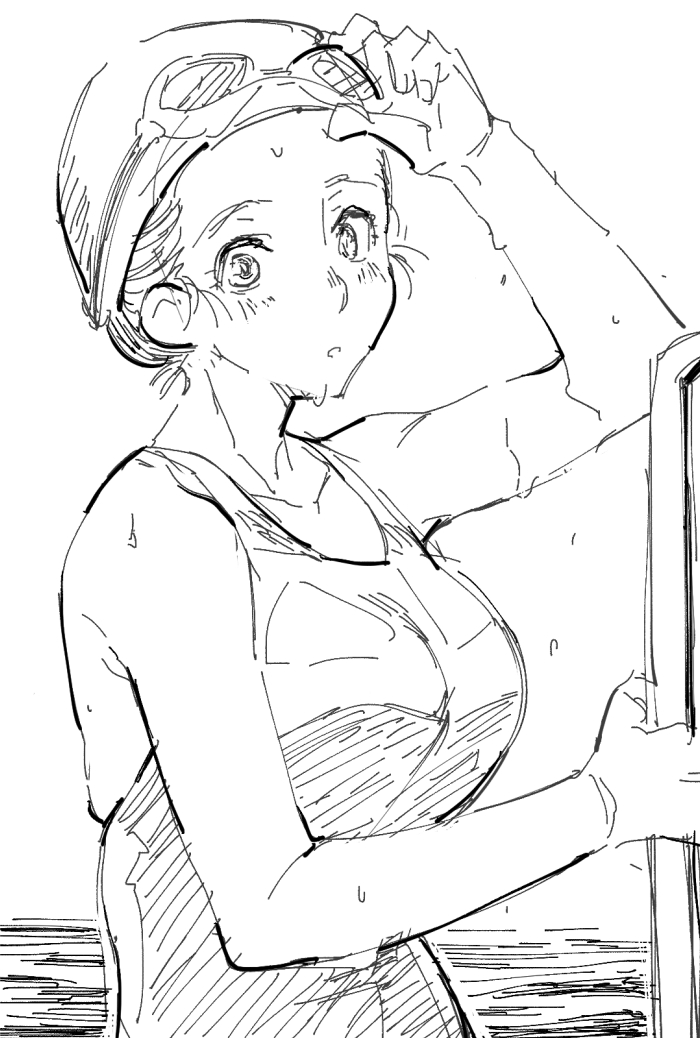 1girl :o adjusting_eyewear arm_up bare_shoulders breasts collarbone goggles goggles_on_head large_breasts monochrome one-piece_swimsuit open_mouth original short_hair simple_background solo swim_cap swimsuit water wet white_background youhei_64d