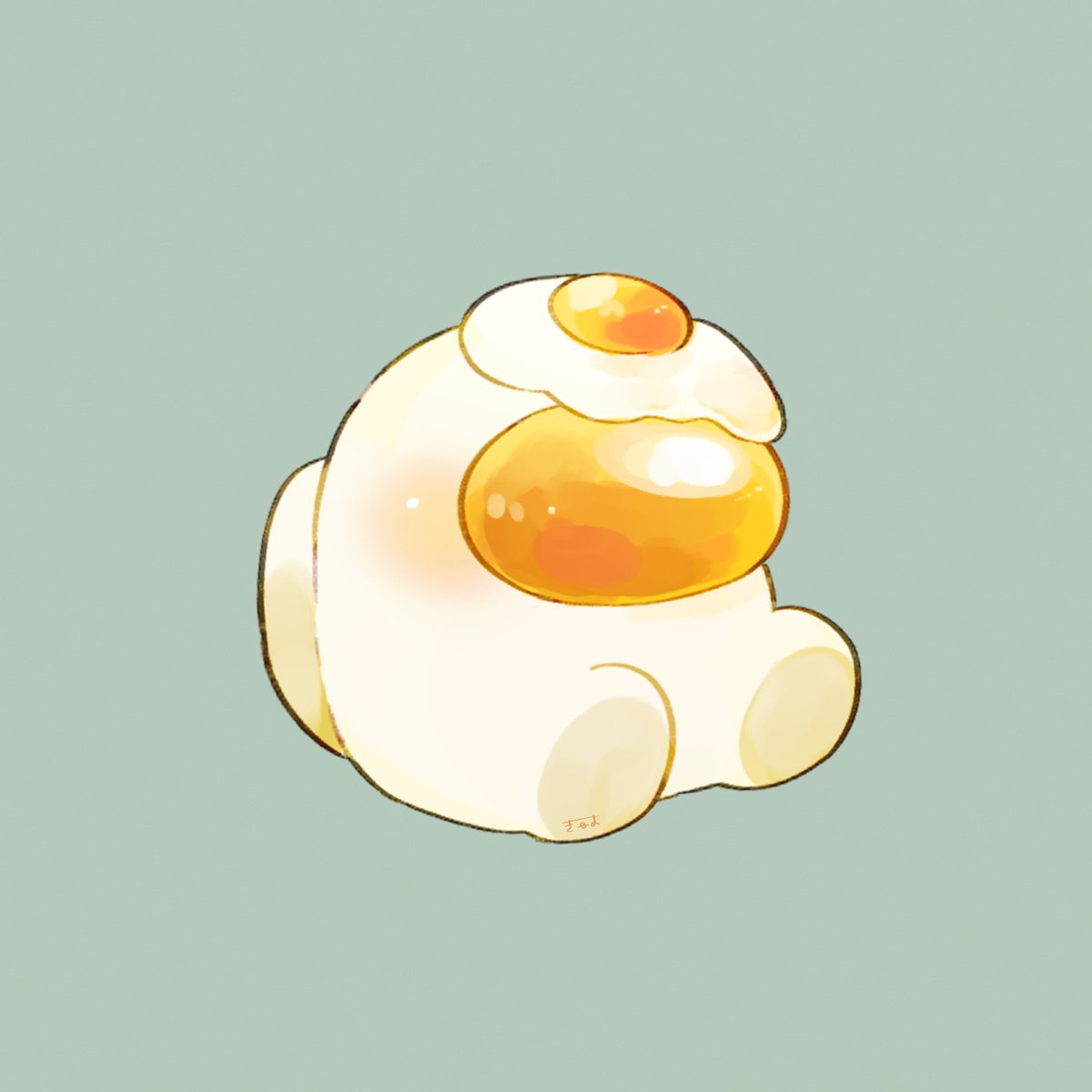 1other among_us blush chibi commentary crewmate_(among_us) egg_(food) english_commentary foodification fried_egg green_background highres signature simple_background sitting solo tagme tenmiyakiyo white_(among_us)