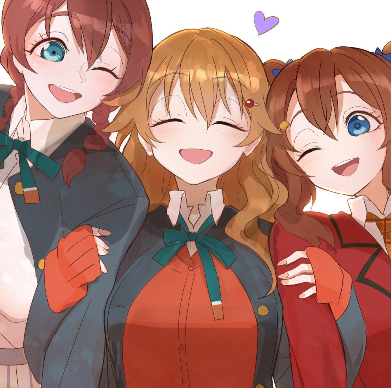 blue_eyes braid brown_hair closed_eyes double_arm_hug emma_verde freckles green_eyes hair_ornament hairclip happy heart highres konoe_haruka konoe_kanata long_hair love_live! love_live!_nijigasaki_high_school_idol_club monowe one_eye_closed smile twintails white_background