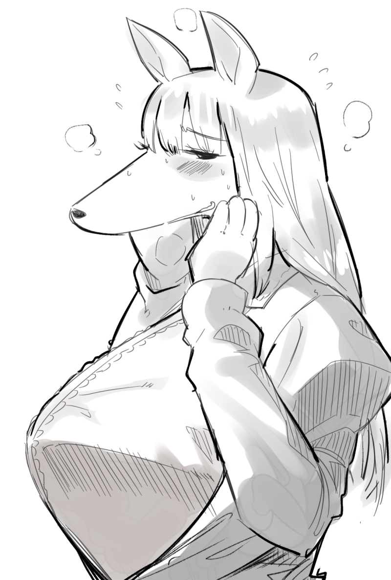 1girl bangs blush breasts dog flying_sweatdrops furrowed_brow furry furry_female hands_up huge_breasts juliet_sleeves large_breasts long_hair long_sleeves monochrome open_mouth original pawpads puffy_sleeves simple_background smile snout solo sweat upper_body white_background youhei_64d