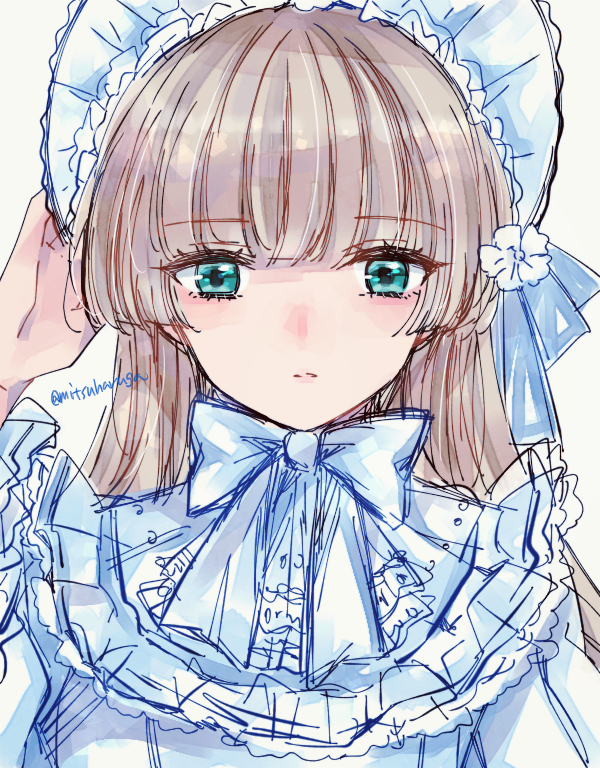 1girl aqua_eyes artist_name bangs blonde_hair blue_bow blue_dress blue_headwear blue_ribbon blue_theme blunt_bangs blunt_ends bonnet bow dress expressionless frilled_dress frills gosick grey_background hand_on_headwear harugamitsu hime_cut lolita_fashion long_hair looking_at_viewer parted_lips ribbon sidelocks signature simple_background sketch solo split_mouth upper_body victorica_de_blois