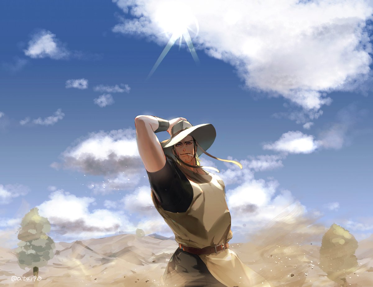 1boy arm_up at4190_(user_vzac7788) belt black_shirt blonde_hair blue_eyes blue_sky cigarette closed_mouth clouds cloudy_sky cowboy_hat desert egypt hat hol_horse jojo_no_kimyou_na_bouken long_hair looking_at_viewer outdoors shirt short_sleeves sky smile solo stardust_crusaders