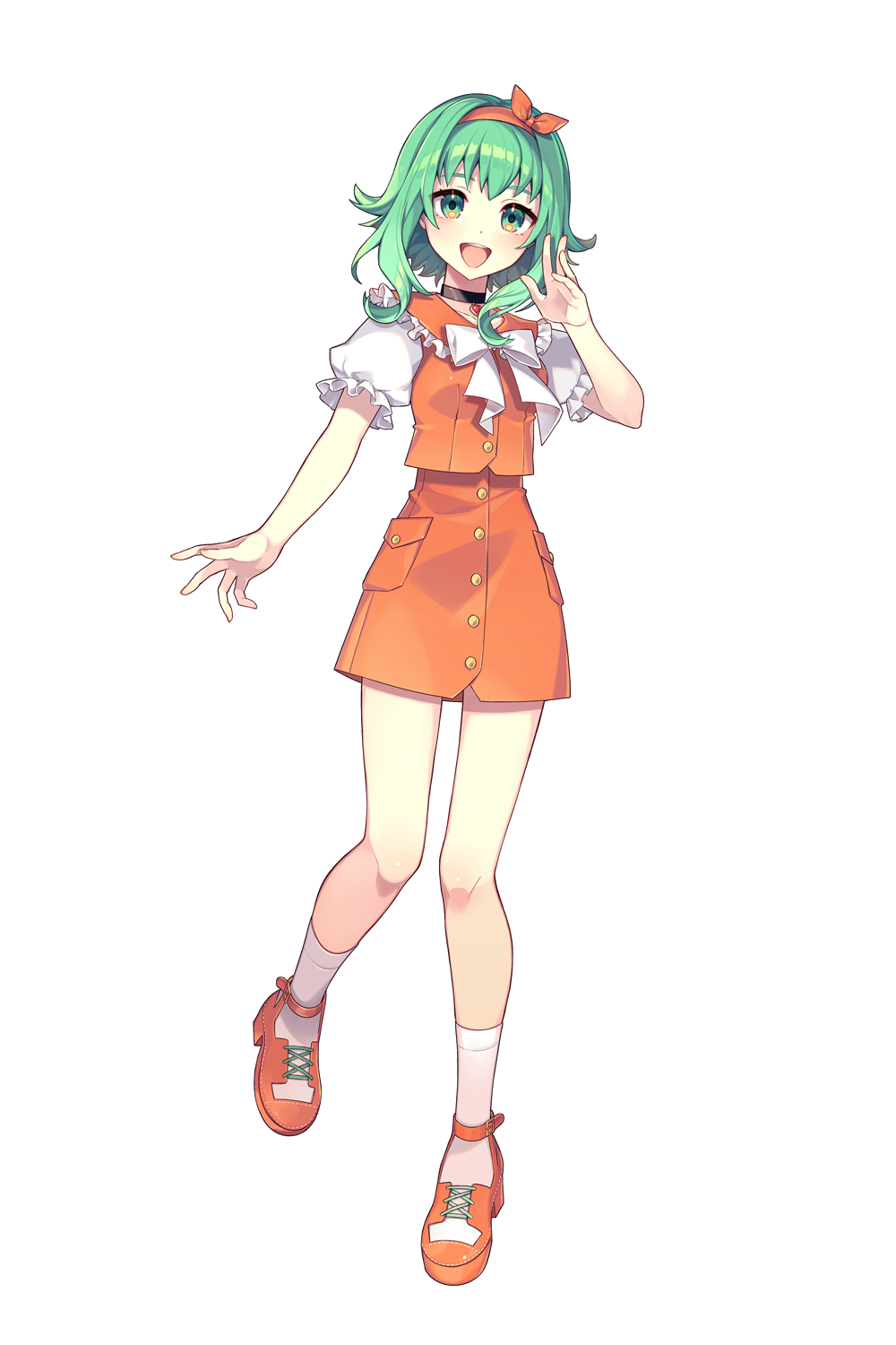 1girl a.i._voice ankle_socks arm_at_side bangs black_choker bow bow_headband buttons choker collar eyebrows_hidden_by_hair frilled_sleeves frills full_body green_eyes green_hair gumi hand_up headband highres nou_(nounknown) official_art open_mouth orange_bow orange_footwear orange_headband orange_skirt orange_vest pendant_choker puffy_short_sleeves puffy_sleeves short_hair_with_long_locks short_sleeves skirt smile socks solo standing standing_on_one_leg tachi-e teeth upper_teeth vest vocaloid white_bow white_socks