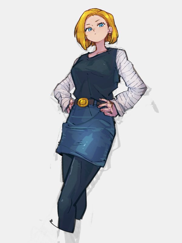 android_18 belt black_shirt blonde_hair blue_eyes blue_shorts brown_belt closed_mouth dragon_ball dragon_ball_z earrings grey_background hands_on_hips jewelry kemachiku looking_at_viewer shirt short_hair shorts simple_background sketch striped_sleeves white_sleeves