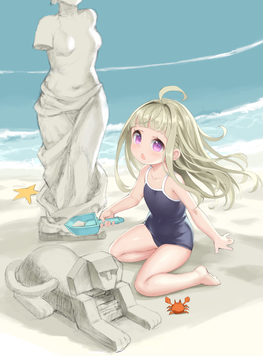 1girl ahoge bangs barefoot beach blue_one-piece_swimsuit blunt_bangs brown_hair child commentary_request crab feet female_child highres long_hair m-eine ocean one-piece_swimsuit open_mouth original outdoors pink_eyes sand sand_sculpture school_swimsuit sitting soles solo starfish swimsuit thighs toes trowel water