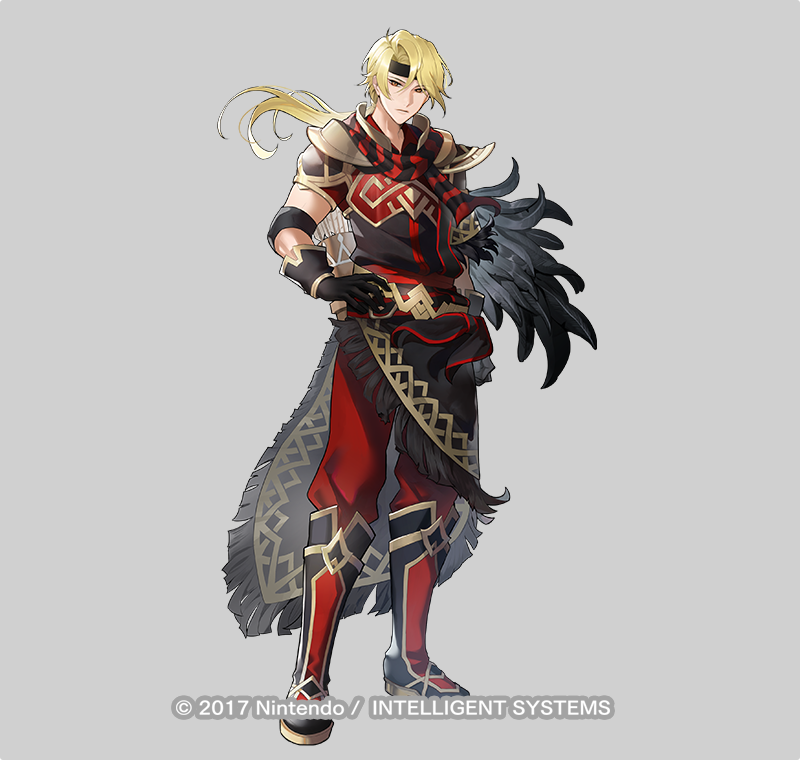 1boy bangs black_feathers black_footwear black_gloves black_headband black_jacket blonde_hair boots closed_mouth commentary_request feathers fire_emblem fire_emblem_heroes fringe_trim full_body gloves grey_background hair_between_eyes hand_on_hip headband jacket jeorge_(fire_emblem) knee_boots long_hair looking_at_viewer low_ponytail male_focus official_art pants parted_bangs ponytail red_eyes red_pants riz3 short_sleeves simple_background solo standing watermark