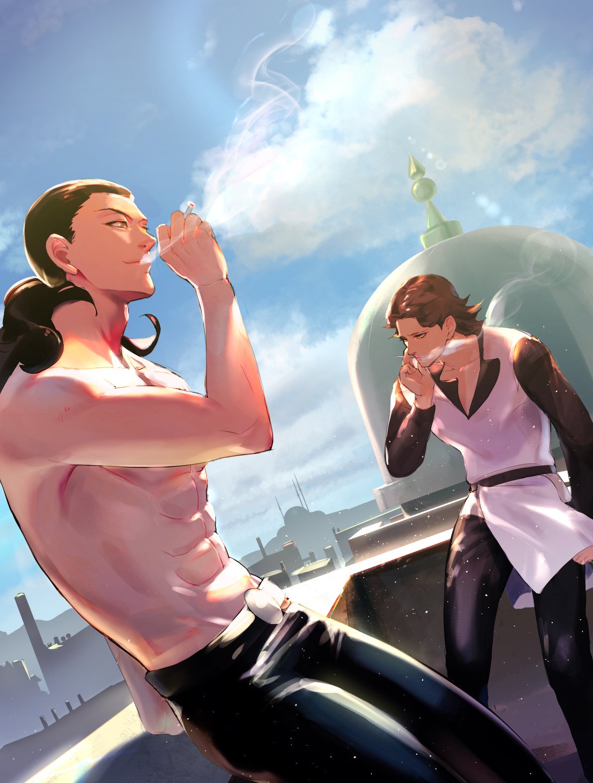 2boys abs at4190_(user_vzac7788) belt black_hair black_pants black_shirt blue_sky brown_eyes brown_hair cigarette cityscape closed_mouth clouds cloudy_sky egypt highres holding holding_cigarette jojo_no_kimyou_na_bouken long_hair long_sleeves multiple_boys navel outdoors pants rubber_soul shirt sky smile smoke smoking stardust_crusaders steely_dan topless_male vest white_vest