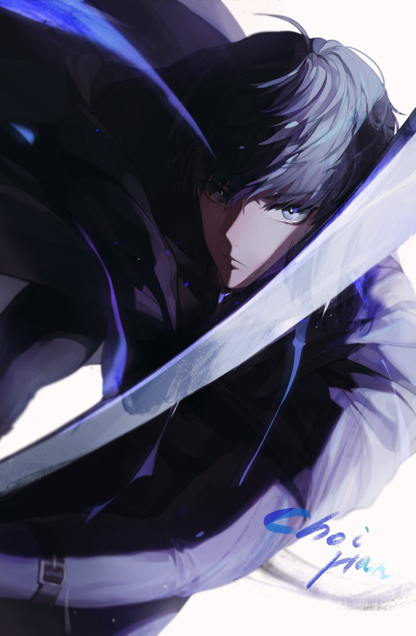1boy black_eyes black_hair cape character_name choi_han highres korean_commentary long_sleeves looking_at_viewer lout_of_count's_family male_focus mua serious short_hair solo swinging sword weapon white_background