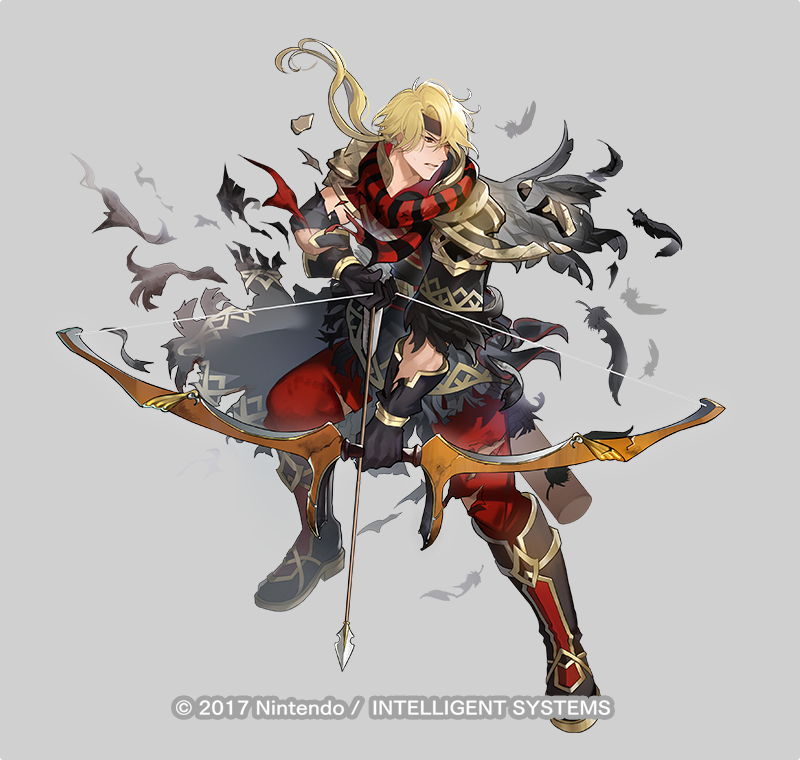 1boy arrow_(projectile) bangs black_feathers black_footwear black_gloves black_headband black_jacket blonde_hair boots bow_(weapon) drawing_bow feathers fire_emblem fire_emblem_heroes full_body gloves grey_background hair_between_eyes headband holding holding_bow_(weapon) holding_weapon jacket jeorge_(fire_emblem) knee_boots long_hair looking_away low_ponytail male_focus official_art pants parted_bangs ponytail quiver red_pants riz3 scarf short_sleeves simple_background solo standing striped striped_scarf torn_clothes torn_gloves torn_pants watermark weapon