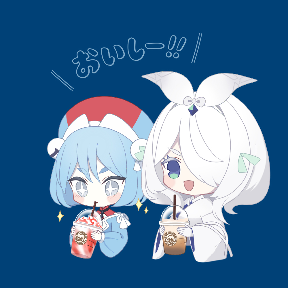 +_+ 1girl 1other androgynous bangs bell black_necktie blue_background blue_eyes blue_gemstone blue_hair blue_shirt blush blush_stickers bob_cut chibi closed_mouth commentary_request cream cropped_torso cup dessert detached_collar disposable_cup dracovish drink drinking drinking_straw food frosmoth gem green_ribbon grey_eyes hair_bell hair_ornament hair_over_one_eye hair_ribbon hairband hands_up happy hat holding holding_cup japanese_clothes jingle_bell kimono long_sleeves looking_down medium_hair merlusa necktie one_eye_covered open_mouth pale_skin partial_commentary personification pokemon puffy_long_sleeves puffy_sleeves red_headwear ribbon shirt short_hair short_necktie sidelocks simple_background smile sparkle talking translated upper_body v-shaped_eyebrows white_hair white_hairband white_kimono wide-eyed wide_sleeves