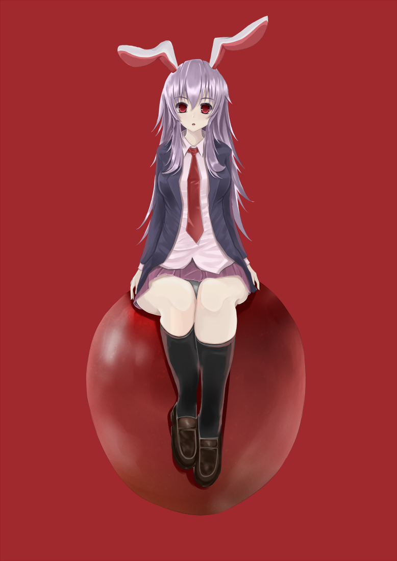 apple bad_id blazer bunny_ears food fruit kneehighs necktie panties pantyshot red_eyes reisen_udongein_inaba shoes socks touhou underwear yutaro5313