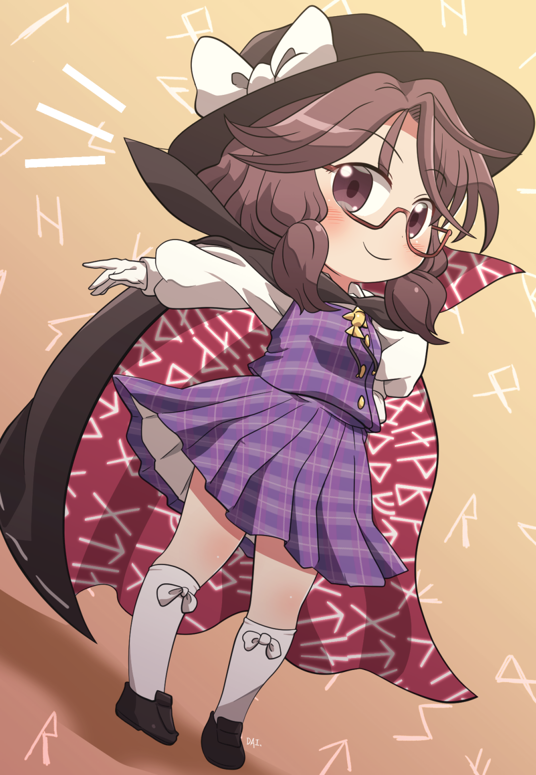 1girl black_footwear black_headwear blush bow brown_eyes brown_hair cloak closed_mouth clothes_writing full_body glasses gloves hat hat_bow high_collar highres kneehighs long_sleeves low_twintails plaid plaid_skirt plaid_vest pleated_skirt purple_skirt purple_vest red-framed_eyewear rokugou_daisuke semi-rimless_eyewear shirt shoes short_hair signature skirt smile socks solo touhou twintails usami_sumireko vest white_bow white_gloves white_shirt white_socks