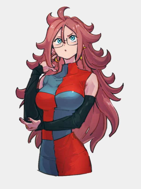1girl :o android_21 black_sleeves blue_eyes breasts checkered_clothes checkered_dress detached_sleeves dragon_ball dragon_ball_fighterz dress earrings glasses grey_background hair_between_eyes hoop_earrings jewelry kemachiku large_breasts long_hair looking_up redhead simple_background solo