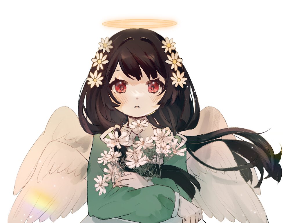 1girl angel angel_wings black_hair blush commentary cosmea dress flower funamusea green_dress hair_flower hair_ornament halo holding holding_flower long_sleeves looking_at_viewer low_twintails multiple_wings parted_lips puffy_long_sleeves puffy_sleeves red_eyes roujian simple_background solo twintails upper_body white_background wings