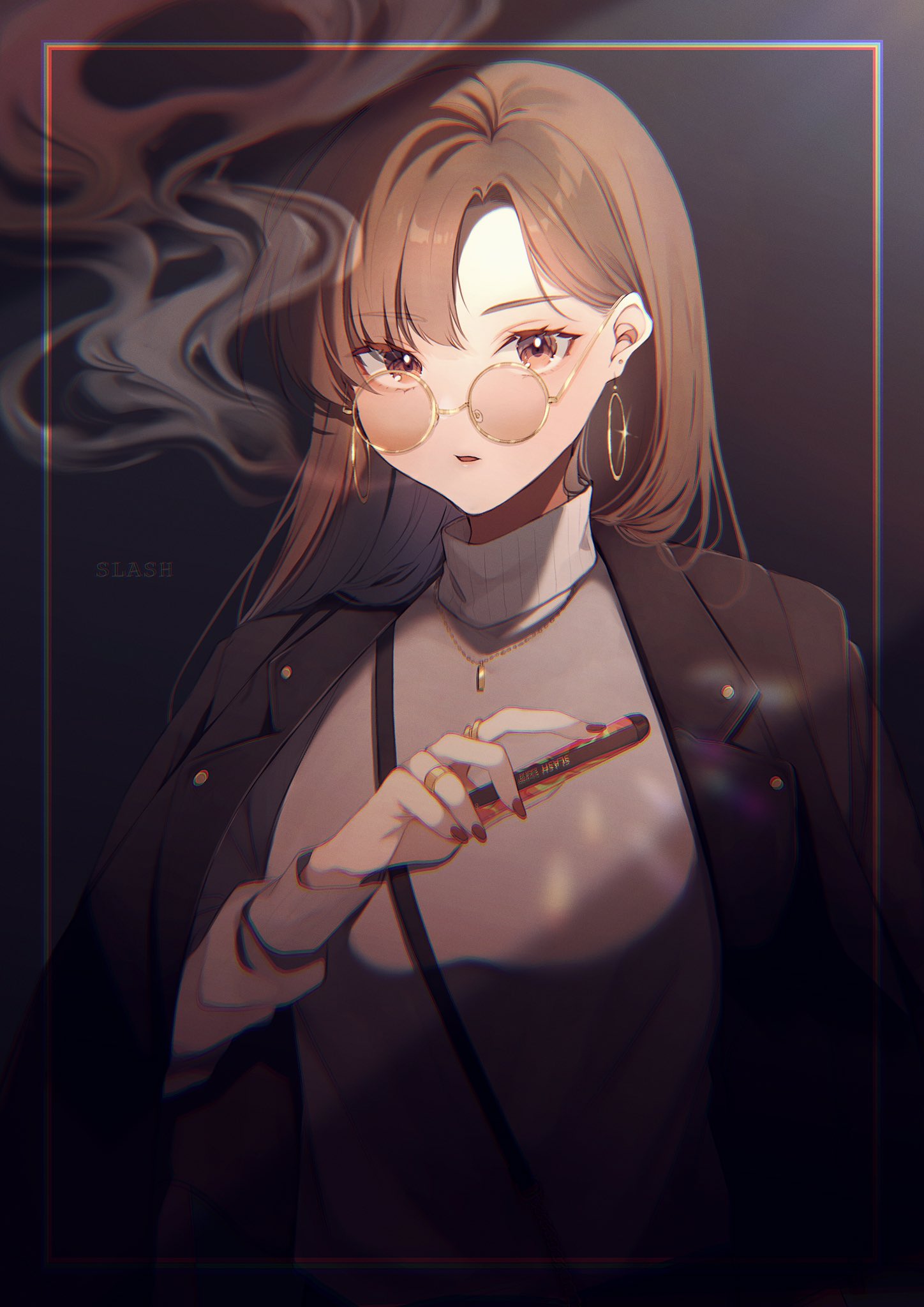 1girl bangs brown_hair coat earrings glasses highres jewelry long_hair long_sleeves looking_at_viewer necklace open_clothes open_coat open_mouth original smoke solo suna_co sweater turtleneck turtleneck_sweater vaping