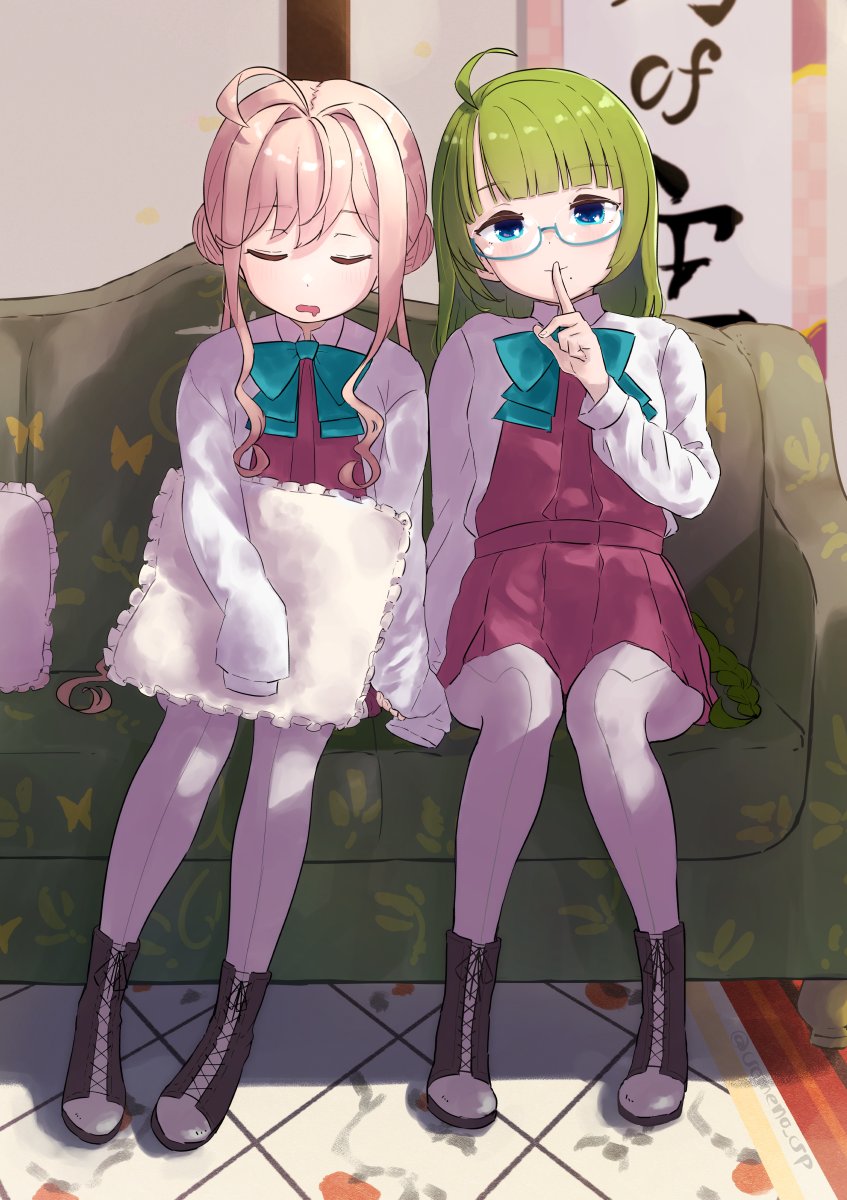 2girls aqua_bow aqua_bowtie blue-framed_eyewear boots bow bowtie braid couch cross-laced_footwear double_bun dress eyewear_removed glasses green_hair hair_bun halterneck highres indoors kantai_collection lace-up_boots long_hair long_sleeves makigumo_(kancolle) mole mole_under_mouth multiple_girls pantyhose pink_hair school_uniform shirt single_braid sleeping sleeves_past_fingers sleeves_past_wrists someno_haru twintails very_long_hair white_shirt yuugumo_(kancolle)