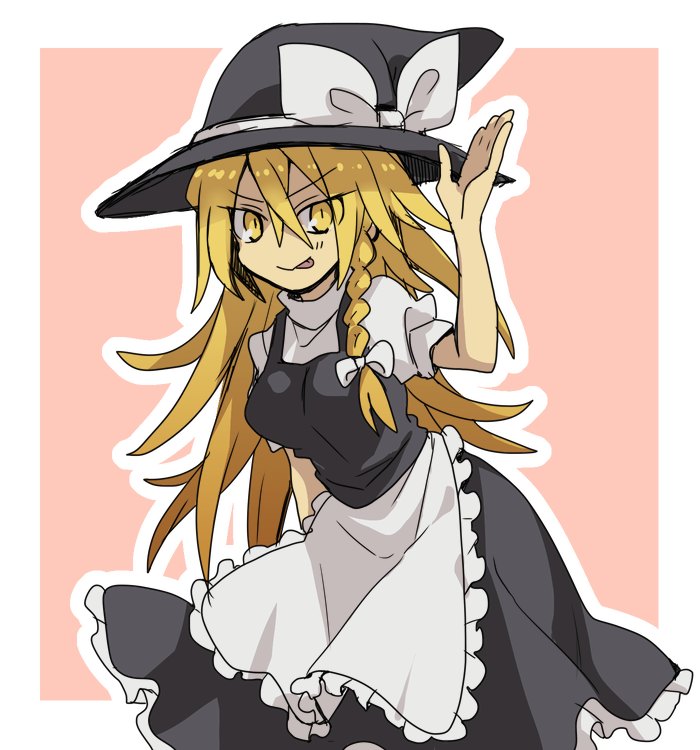 1girl :p apron bangs black_headwear black_skirt black_vest blonde_hair bow braid breasts closed_mouth commentary_request cowboy_shot frilled_apron frilled_skirt frills hair_between_eyes hair_bow hat hat_bow kirisame_marisa long_hair looking_at_viewer medium_breasts nahori_(hotbeans) pink_background puffy_short_sleeves puffy_sleeves shirt short_sleeves single_braid skirt skirt_set smile solo tongue tongue_out touhou turtleneck two-tone_background very_long_hair vest waist_apron white_apron white_background white_bow white_shirt witch_hat yellow_eyes