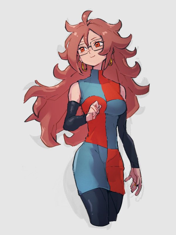 1girl android_21 black_sleeves breasts checkered_clothes checkered_dress closed_mouth detached_sleeves dragon_ball dragon_ball_fighterz dress glasses grey_background kemachiku long_hair looking_to_the_side medium_breasts red_eyes redhead simple_background smile solo