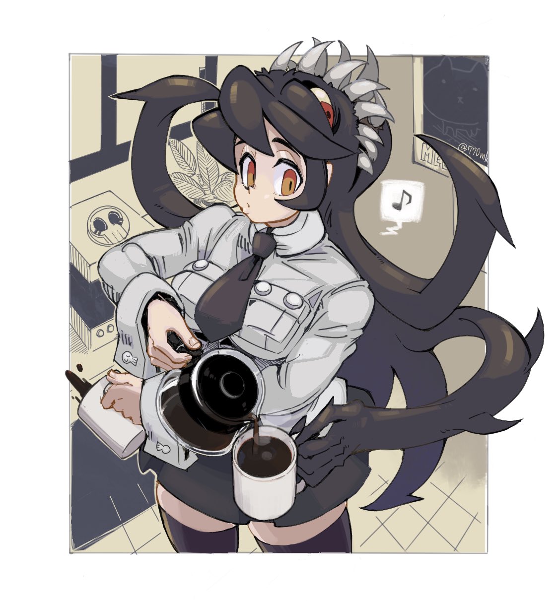 1girl 770mk black_hair coffee coffee_mug coffee_pot collared_shirt cup filia_(skullgirls) futakuchi-onna highres mug necktie orange_eyes plant poster_(object) potted_plant prehensile_hair red_eyes samson_(skullgirls) school_uniform sharp_teeth shirt skirt skullgirls steam teeth thigh-highs window