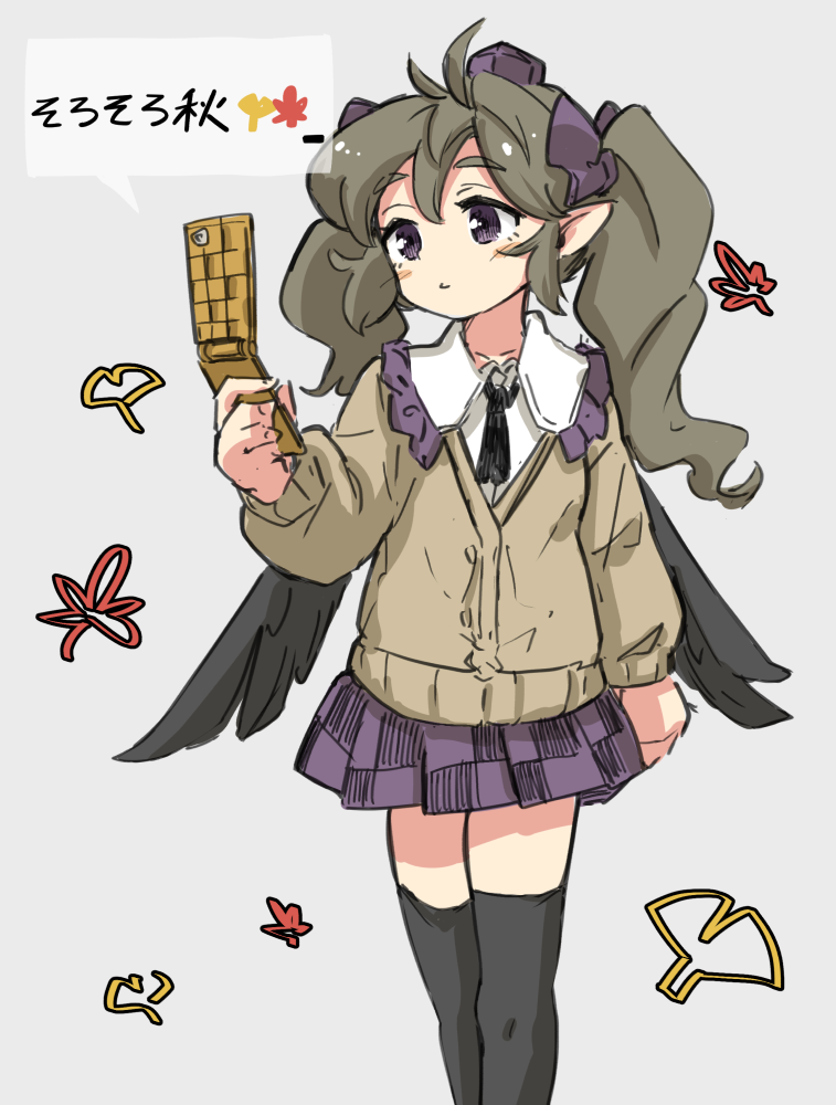 1girl bird_wings black_thighhighs black_wings brown_eyes brown_hair brown_sweater cellphone checkered_clothes checkered_skirt hat himekaidou_hatate holding holding_phone medium_hair phone pointy_ears purple_headwear shirt simple_background skirt solo standing sweater thigh-highs tokin_hat touhou twintails uisu_(noguchipint) white_background white_shirt wings