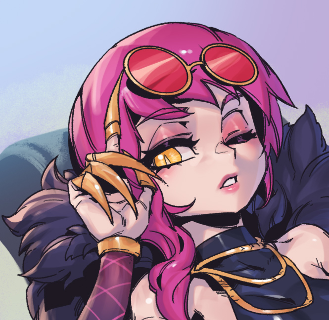 1girl bangs bare_shoulders breasts claws evelynn_(league_of_legends) fur_trim hand_up k/da_(league_of_legends) k/da_evelynn large_breasts league_of_legends long_hair one_eye_closed phantom_ix_row pink_hair red-tinted_eyewear shiny shiny_hair solo sunglasses tinted_eyewear yellow_eyes