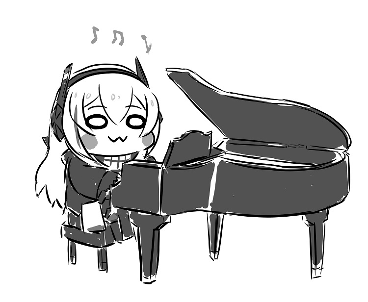 1girl :3 bangs black_jacket blush_stickers chibi chika_(keiin) commentary_request full_body girls_frontline greyscale hair_between_eyes headgear instrument jacket long_hair long_sleeves m4_sopmod_ii_jr monochrome multicolored_hair music piano playing_instrument playing_piano sidelocks simple_background sitting smile solo streaked_hair white_background