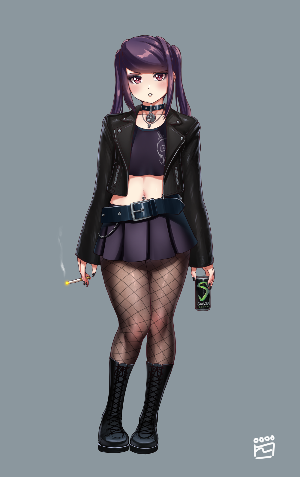 1girl black_footwear black_jacket black_nails boots breasts can cigarette crop_top cropped_jacket energy_drink finalcake fishnet_pantyhose fishnets full_body highres holding holding_can holding_cigarette jacket jill_stingray leather leather_jacket long_hair long_sleeves miniskirt monster_energy navel_piercing open_clothes open_jacket pantyhose piercing pleated_skirt purple_hair purple_skirt red_eyes sidelocks skirt small_breasts solo twintails va-11_hall-a