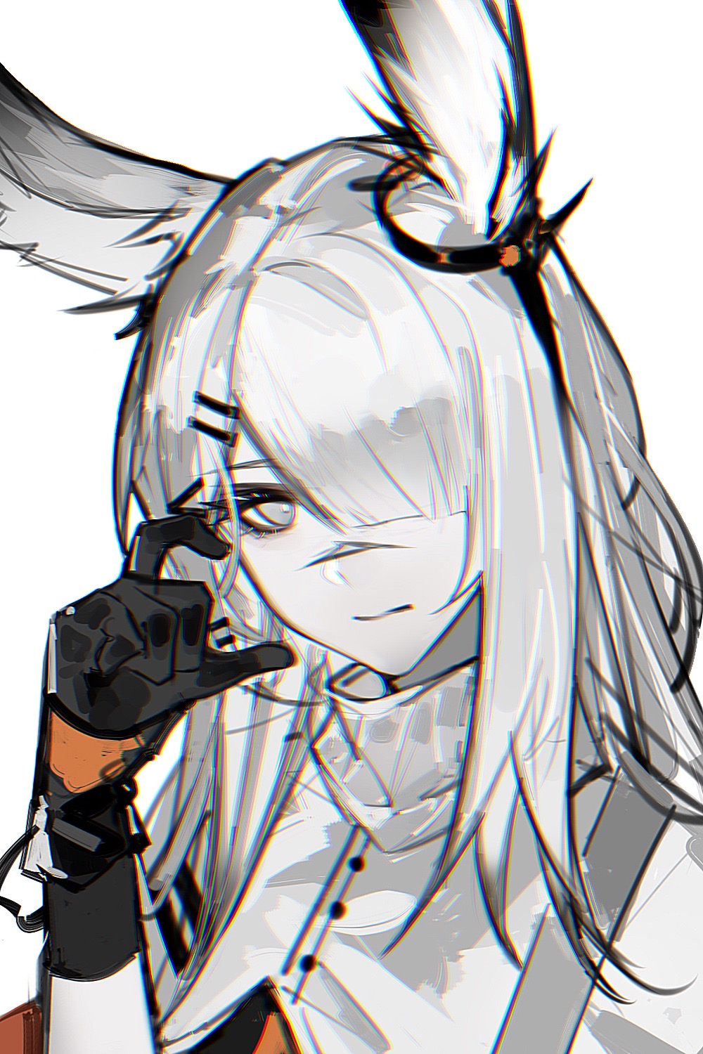 1girl animal_ears arknights bangs black_gloves bright_pupils ear_ornament frostnova_(arknights) gloves grey_eyes hair_ornament hair_over_one_eye hairclip hand_up highres jacket looking_at_viewer one_eye_covered rabbit_ears rabbit_girl realryo720 scar scar_on_face scar_on_nose simple_background solo upper_body white_background white_jacket white_pupils