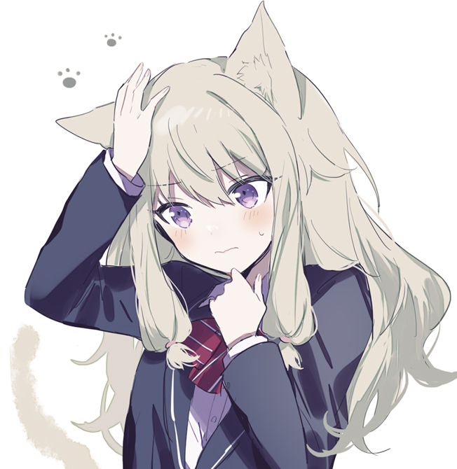 1girl animal_ears blazer blue_jacket blush cat_ears cat_tail closed_mouth commentary diagonal-striped_bowtie jacket kamiyama_high_school_uniform_(sekai) kemonomimi_mode kusanagi_nene long_hair long_sleeves project_sekai school_uniform shirt simple_background skunlv solo sweat symbol-only_commentary tail upper_body violet_eyes white_background white_shirt