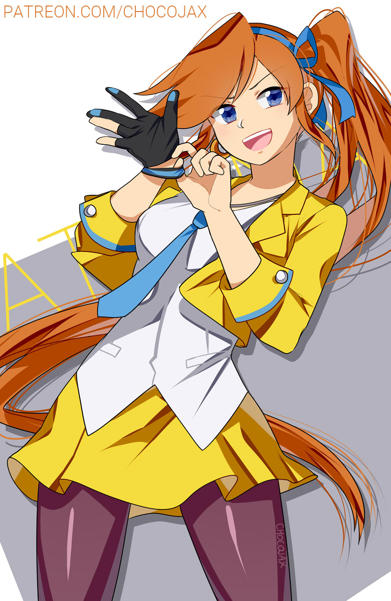 1girl ace_attorney artist_name athena_cykes bangs black_gloves blue_eyes blue_necktie character_name chocojax cowboy_shot crescent crescent_earrings earrings gloves hair_ribbon highres jacket jewelry long_hair looking_at_viewer necktie open_clothes open_jacket open_mouth orange_hair pantyhose partially_fingerless_gloves patreon_username ribbon shirt side_ponytail single_earring single_glove solo teeth upper_teeth very_long_hair white_shirt yellow_jacket