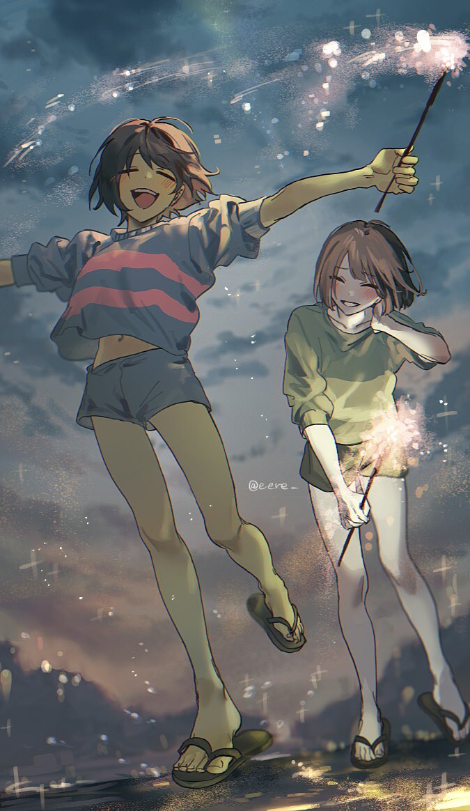 2others black_footwear blue_shorts blue_sweater blush brown_hair brown_shorts chara_(undertale) clouds colored_skin eere evening fireworks frisk_(undertale) full_body green_sweater grin hand_on_own_neck holding_fireworks multiple_others open_mouth other_focus outdoors pale_skin sandals short_hair shorts sky sleeves_rolled_up smile sparkler summer sweater undertale yellow_skin