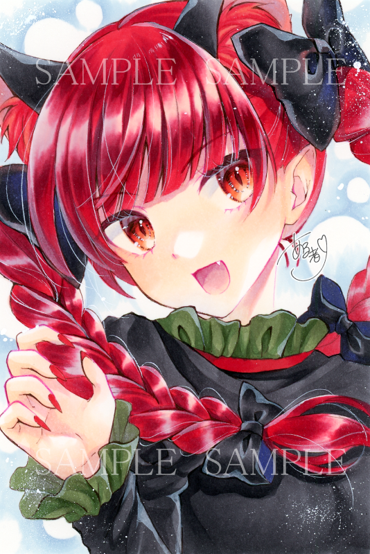 1girl :d alto2019 animal_ears artist_name black_bow bow braid cat_ears dress extra_ears fang fingernails green_dress hair_bow kaenbyou_rin looking_at_viewer nail_polish open_mouth red_eyes red_nails redhead signature smile solo touhou traditional_media twin_braids