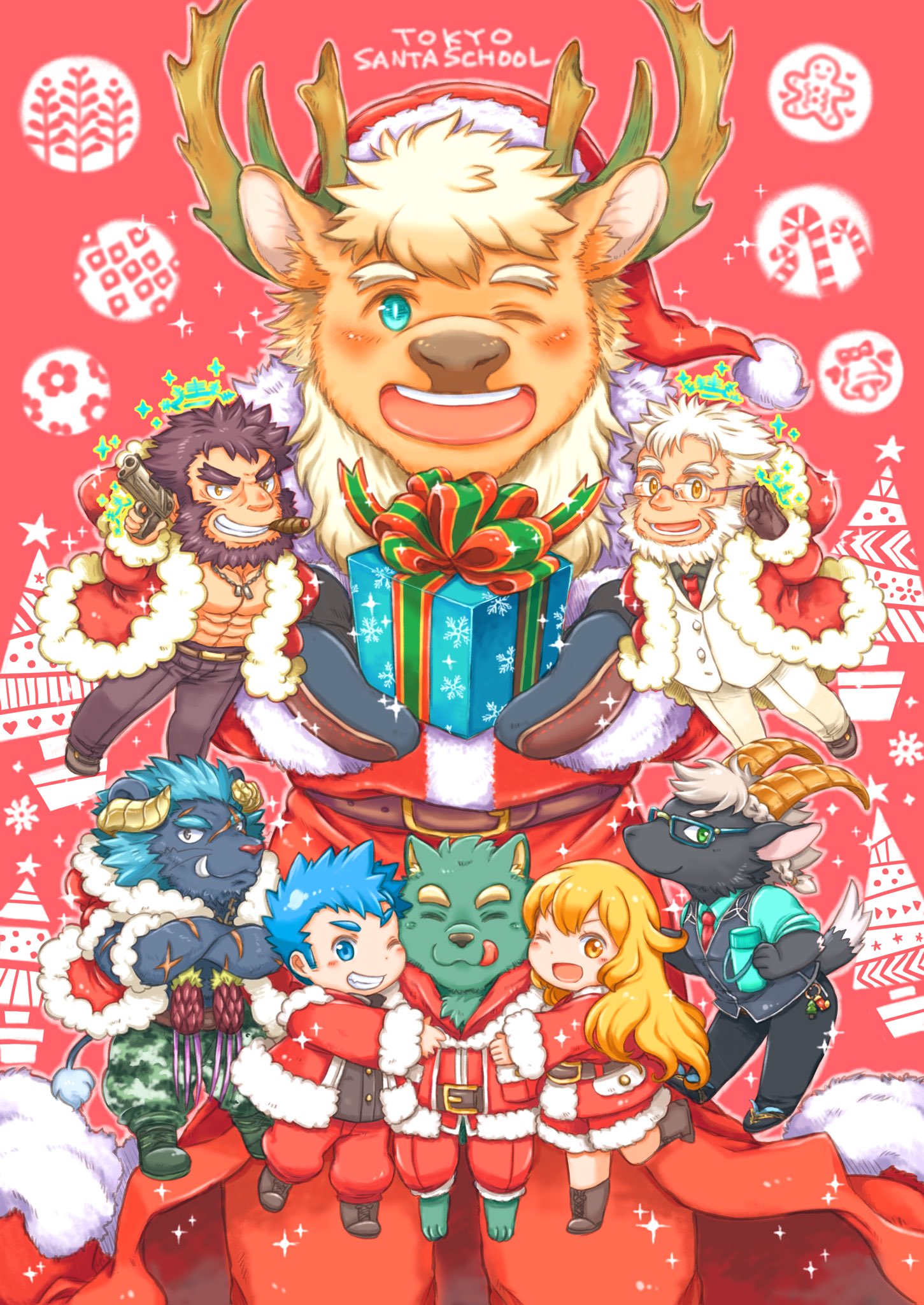 1girl 6+boys abs animal_ears animal_nose antlers beard belt black_fur black_hair black_shirt blonde_hair blue_eyes blue_fencer_(housamo) blue_hair blush boots bow box camouflage camouflage_pants christmas cigar claws ded_(housamo) deer_ears dog_tags facial_hair forked_eyebrows formal furry furry_male gift gift_bow gift_box glasses gloves goat_boy goat_ears goat_horns green_fur green_shirt green_wolf_(housamo) gun hat highres holding holding_gift holding_gun holding_weapon horns hug krampus_(housamo) light_mage_(housamo) mature_male multiple_boys muscular muscular_male necktie one_eye_closed open_mouth pants red_background red_necktie red_pants reindeer_antlers reindeer_boy santa_costume santa_hat scar scar_across_eye shirt short_hair smile suit summon_lw tail tanngrisnir_(housamo) teeth thick_eyebrows tokyo_afterschool_summoners tusks upper_teeth vest weapon white_hair white_pants white_suit yellow_eyes yule_(housamo)