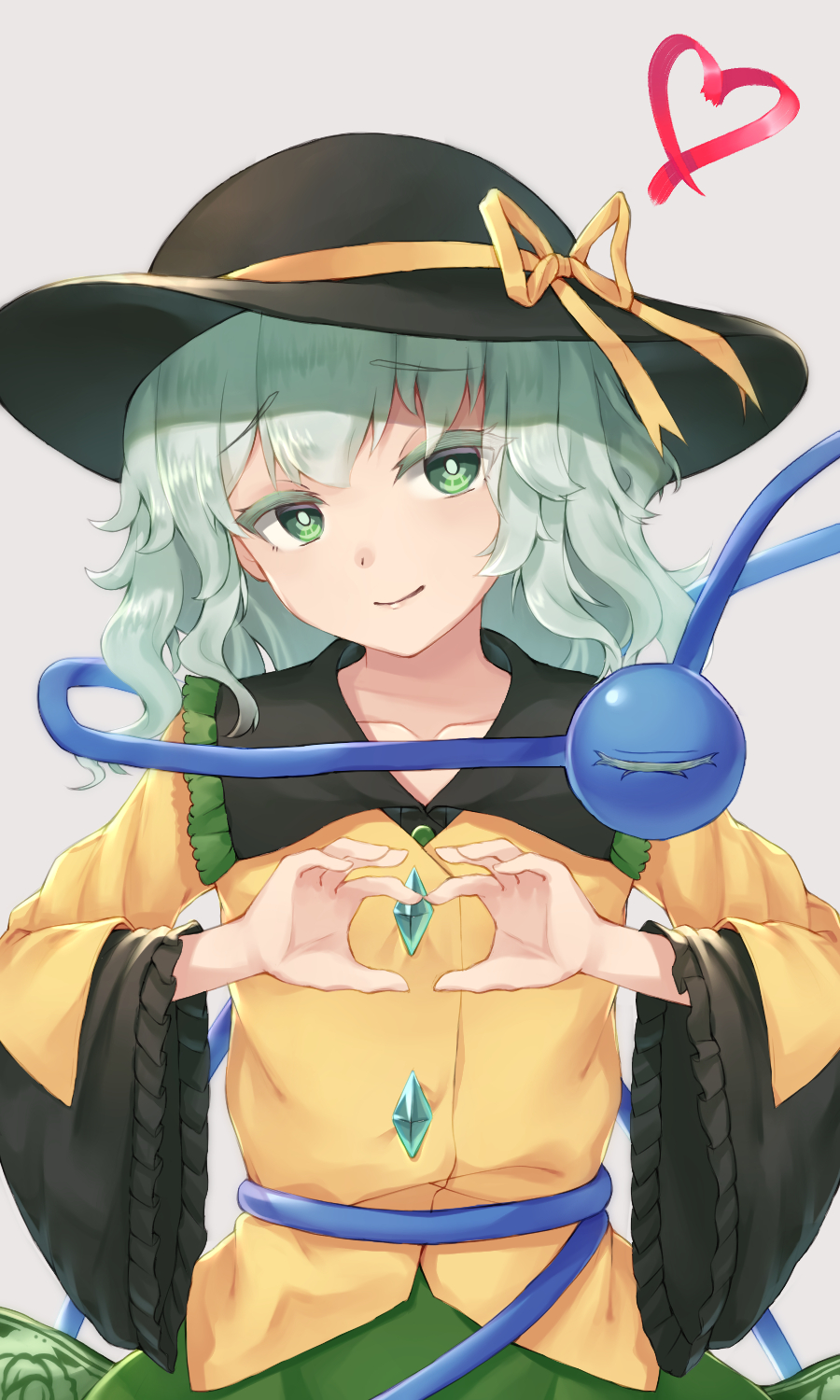 1girl black_headwear buttons c_i_an collared_shirt commentary_request diamond_button eyeball frilled_shirt_collar frilled_sleeves frills green_eyes green_hair green_skirt grey_background hat hat_ribbon heart heart_hands heart_of_string highres komeiji_koishi long_sleeves medium_hair parted_lips ribbon shirt simple_background skirt solo third_eye touhou upper_body wavy_hair wide_sleeves yellow_ribbon yellow_shirt