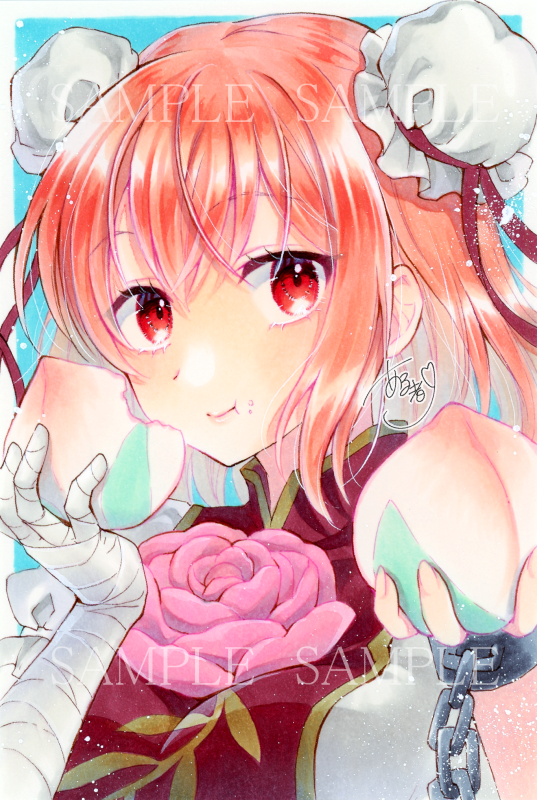 1girl alto2019 bandaged_arm bandages blush chain closed_mouth cuffs double_bun eating flower food food_on_face fruit hair_between_eyes hair_bun holding holding_food holding_fruit ibaraki_kasen peach pink_flower pink_hair red_eyes sample_watermark shirt short_hair short_sleeves solo tabard touhou upper_body watermark white_shirt