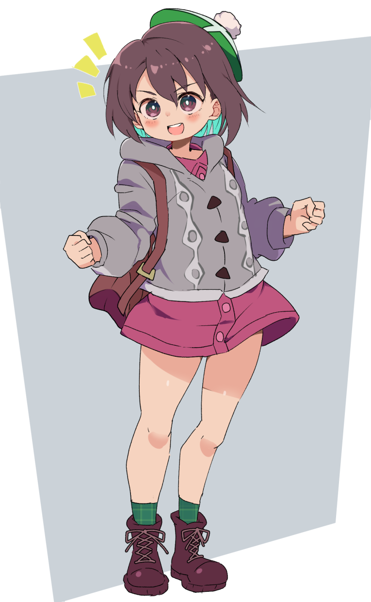 1girl :d aqua_hair bag bangs boots bright_pupils brown_bag brown_hair buttons cardigan colored_inner_hair cross-laced_footwear dress full_body gloria_(pokemon) green_headwear grey_cardigan hair_between_eyes handbag hat highres lace-up_boots legs_apart long_sleeves multicolored_hair open_mouth pink_dress pokemon pokemon_(game) pokemon_swsh pom_pom_(clothes) purple_footwear purple_socks round_teeth sasaki_rindou short_dress short_hair smile socks solo standing tam_o'_shanter teeth two-tone_hair violet_eyes white_pupils