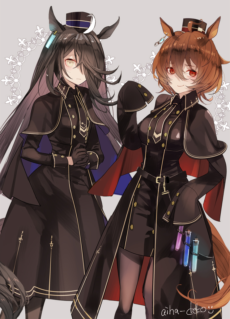 2girls agnes_tachyon_(umamusume) ahoge aiha-deko alternate_costume animal_ears black_coat black_dress black_gloves black_hair black_headwear black_necktie black_pantyhose breasts brown_hair capelet closed_mouth coat dress earrings gloves hair_over_one_eye hat horse_ears horse_girl horse_tail jewelry long_hair looking_at_viewer manhattan_cafe_(umamusume) multicolored_hair multiple_girls necktie orange_eyes own_hands_together pantyhose short_hair single_earring sleeves_past_fingers sleeves_past_wrists small_breasts smile standing streaked_hair tail test_tube twitter_username umamusume