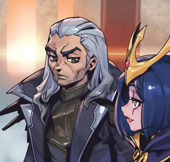 1boy 1girl :d armor bangs black_coat brown_eyes coat grey_hair hair_ornament league_of_legends leblanc_(league_of_legends) long_hair looking_at_another open_mouth phantom_ix_row portrait shiny shiny_hair short_hair smile swain_(league_of_legends) upper_body