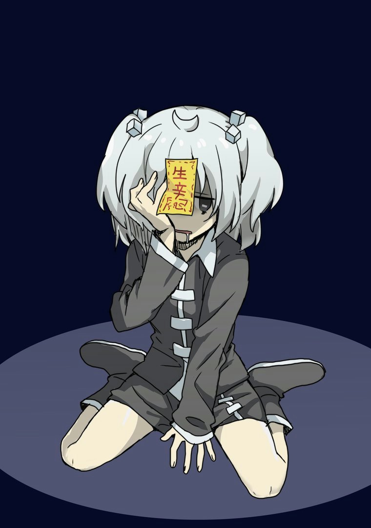 1boy bangs black_shirt black_shorts blue_background boots commentary_request cookie_(touhou) drooling full_body grey_eyes hair_cubes hair_ornament hand_over_eye long_sleeves looking_at_viewer male_focus medium_hair nahori_(hotbeans) ofuda open_mouth shirt shorts sitting solo tofu-san two_side_up wariza white_hair