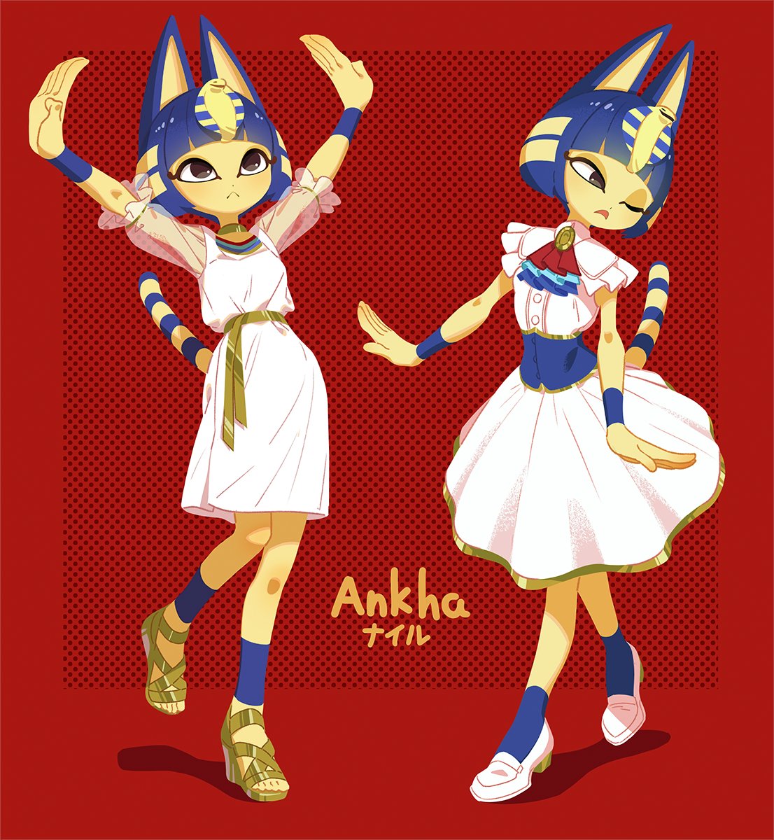 1girl :&lt; alternate_costume animal_crossing animal_ears ankha_(animal_crossing) arms_up ascot bangs bilingual black_eyes blonde_hair blue_hair blue_socks blunt_bangs blush bob_cut body_fur border breasts brooch capelet cat_ears cat_girl cat_tail character_name closed_mouth commentary donuttypd dot_nose dress english_commentary english_text frilled_capelet frills full_body furry furry_female hair_ornament half-closed_eye head_tilt heel_up highres jewelry knees_together_feet_apart leg_up light_blush looking_to_the_side looking_up mixed-language_commentary multicolored_ascot multicolored_hair multiple_views one_eye_closed outside_border polka_dot polka_dot_background red_background red_border sandals sash see-through see-through_sleeves shiny shiny_clothes shiny_hair shoes short_dress short_hair short_sleeves sidelocks simple_background sleeveless sleeveless_dress small_breasts snake_hair_ornament socks standing standing_on_one_leg striped_tail tail tail_raised translated two-tone_hair white_capelet white_dress white_footwear wristband yellow_footwear yellow_fur