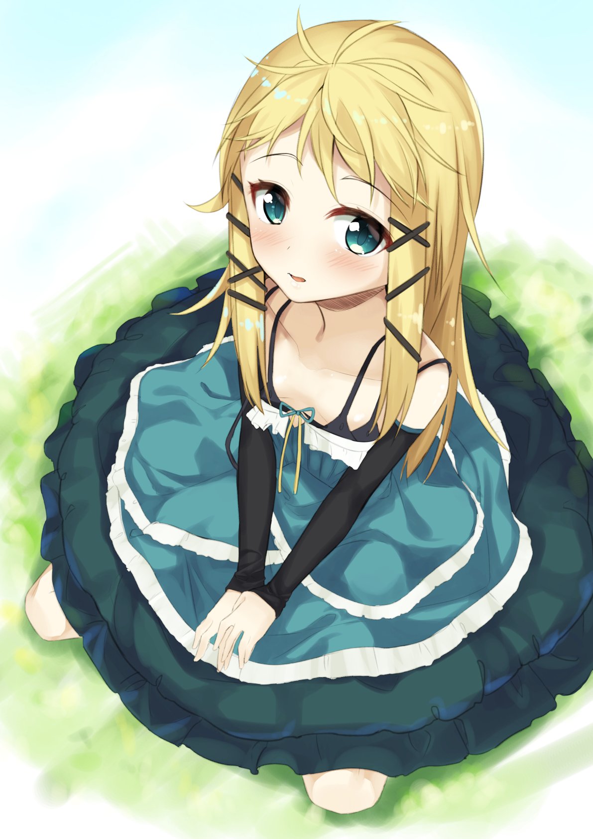 1girl black_bullet blonde_hair blue_eyes blush breasts collarbone detached_sleeves dress full_body hair_ornament highres long_hair looking_at_viewer open_mouth parutoneru small_breasts solo tina_sprout twitter_username x_hair_ornament