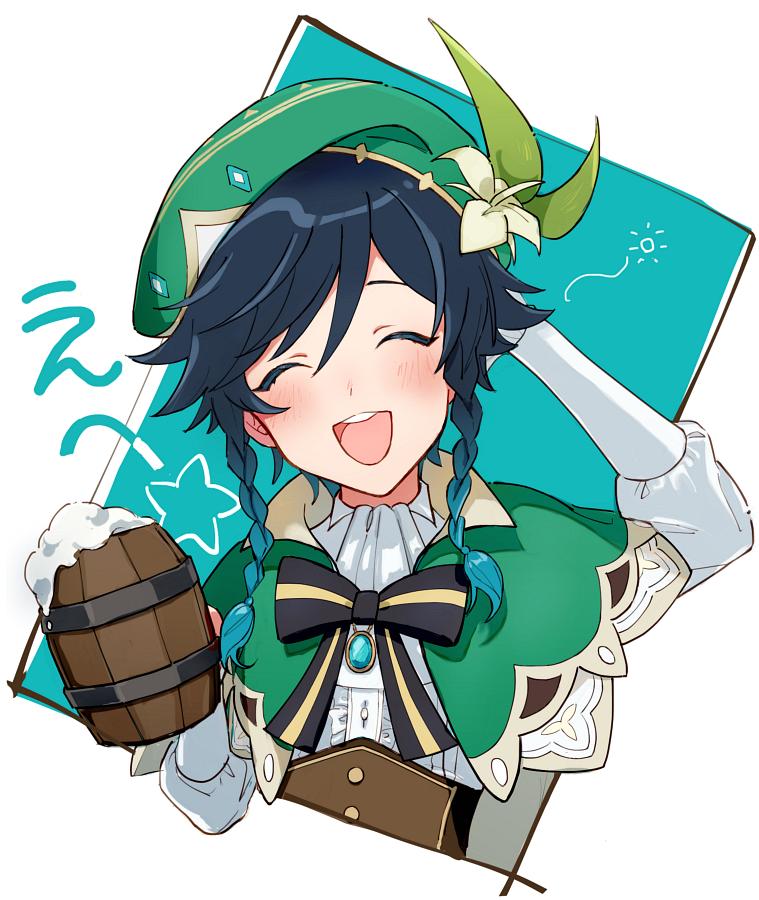 1boy :d ^_^ aqua_hair arm_behind_head bangs beer_mug beret black_hair blue_hair blush bow braid brooch brown_corset cape center_frills closed_eyes commentary_request corset cup flower frilled_sleeves frills genshin_impact gradient_hair green_cape green_headwear hair_between_eyes hat jewelry looking_at_viewer male_focus moimoi_yu mug multicolored_hair open_mouth sidelocks simple_background smile solo twin_braids upper_body venti_(genshin_impact) white_background white_flower