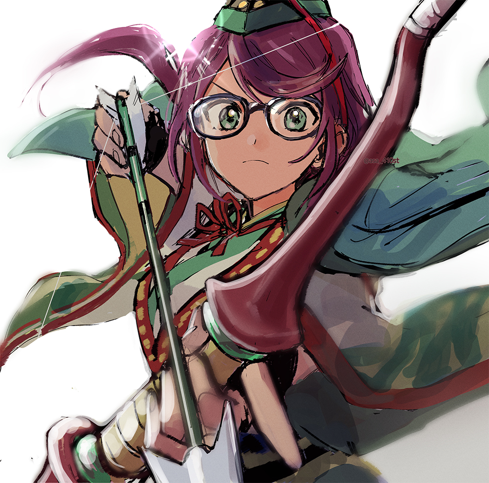 &gt;:( 1girl arrow_(projectile) asa_(asa_410st) bangs black-framed_eyewear black_gloves bow_(weapon) cape closed_mouth commentary fingerless_gloves floating_hair flower_knot glasses gloves gradient gradient_background green_cape green_eyes green_headwear green_kimono grey_background hands_up hat holding holding_arrow holding_bow_(weapon) holding_weapon hoshimi_junna index_finger_raised japanese_clothes kimono long_hair long_sleeves looking_at_viewer official_alternate_costume outstretched_arm ponytail purple_hair shoujo_kageki_revue_starlight shoujo_kageki_revue_starlight_-re_live- sketch solo standing swept_bangs tate_eboshi twitter_username two-tone_kimono upper_body v-shaped_eyebrows weapon white_background white_kimono