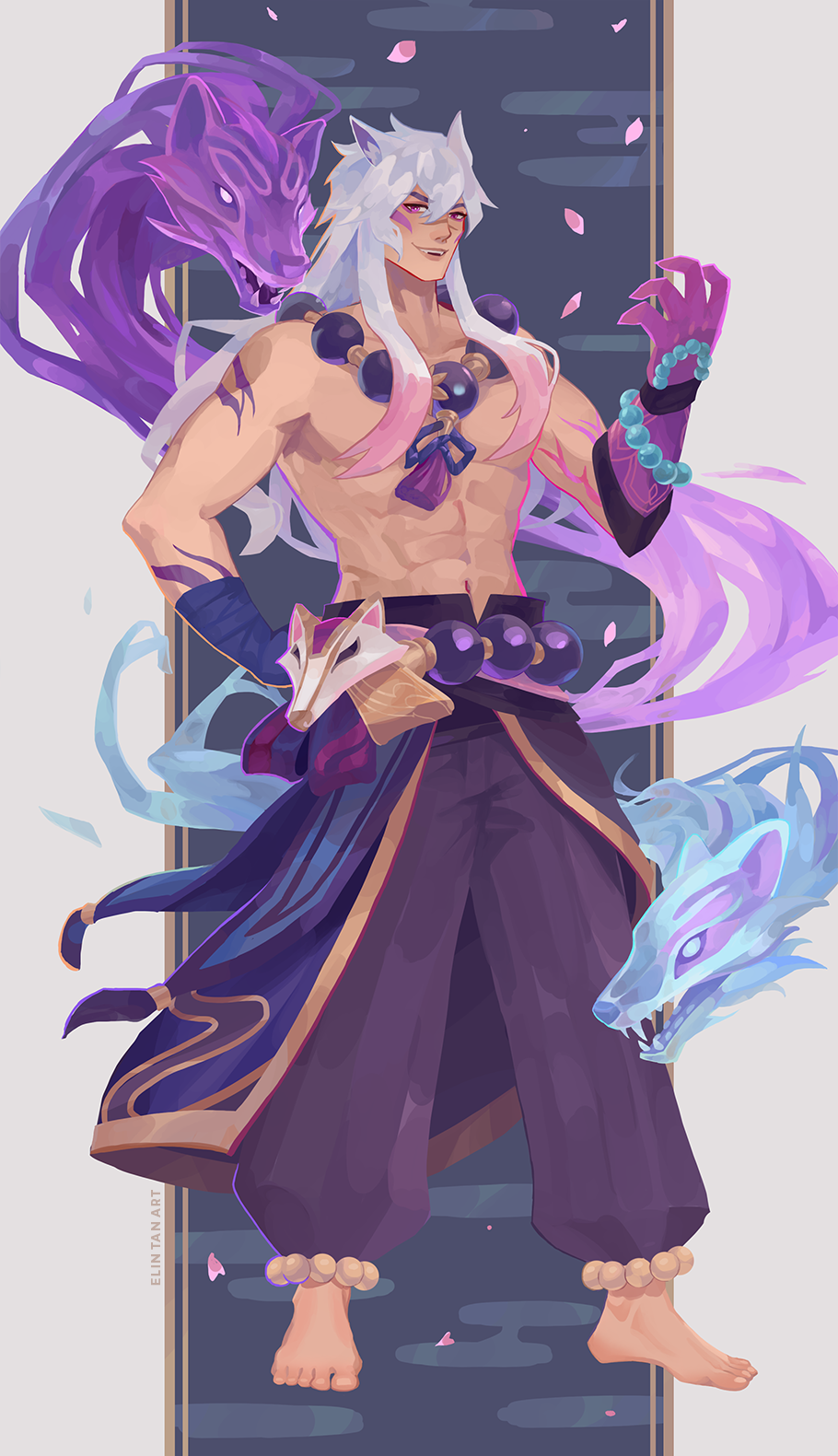 1boy :d abs animal_ears bangs bare_shoulders barefoot bead_necklace beads colored_skin elintanart full_body grey_hair hakama hand_on_hip hand_up highres japanese_clothes jewelry league_of_legends long_hair male_focus mask mask_removed muscular muscular_male navel necklace pink_skin pleated_pants sett_(league_of_legends) smile solo spirit_blossom_sett wolf wolf_ears wolf_mask